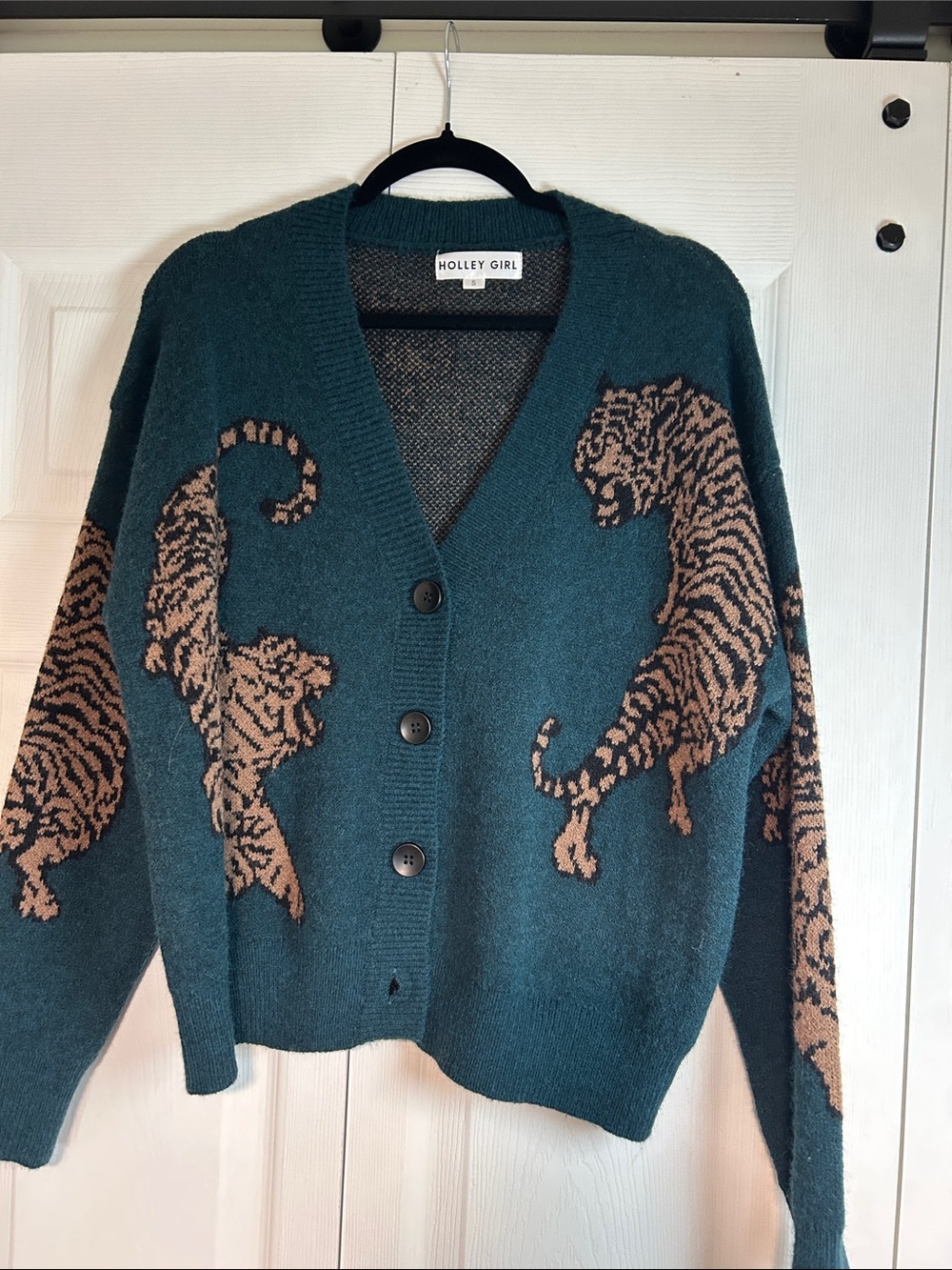 Teal Tiger-Print Button Cardigan